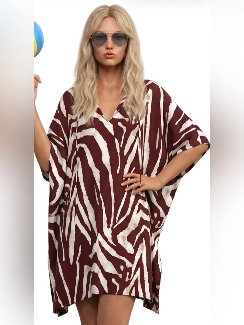 SOHO Brown Cream Zebra Print Kaftan mini dress V neck Short sleeve Resortwear LG - Picture 2 of 9